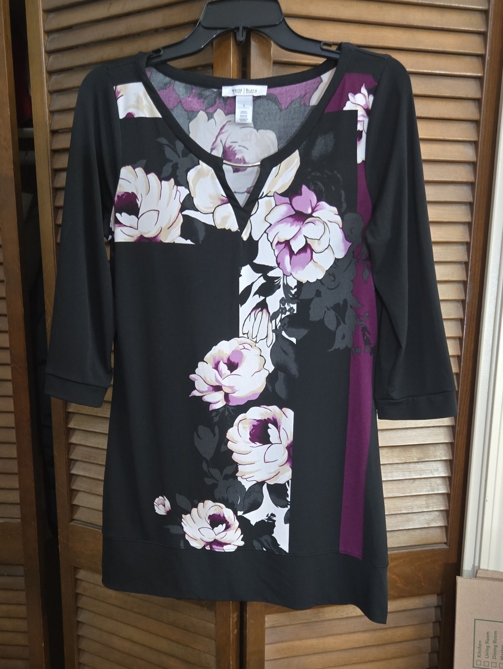 WHBM Black Floral Split-Panel Tunic with Purple Accent